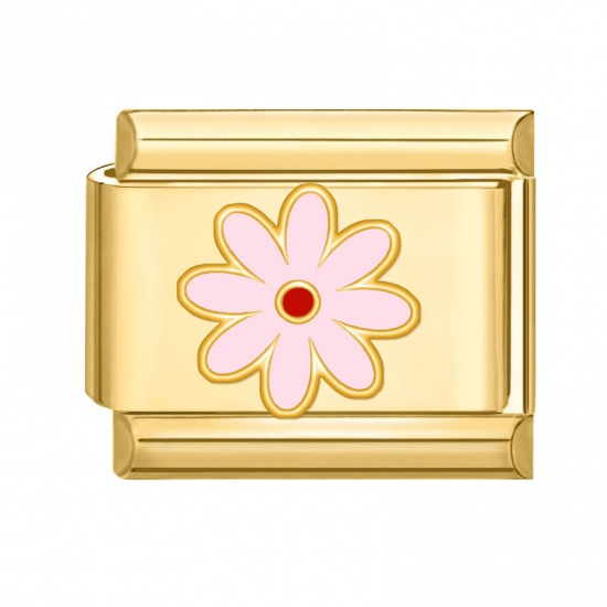 Immagine di 1 Pz 304 Acciaio Inossidabile Elegante Bracciale con Charm Italiano a Maglie, Creazione di Gioielli Fai-da-te All'Ingrosso Oro Placcato Rosa Rettangolo Fiore 10mm x 9mm