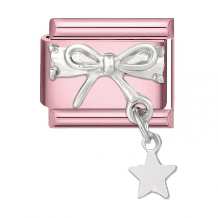 Picture of 1 Piece 304 Stainless Steel Stylish Italian Charm Links For DIY Modular Bracelet Watch Jewelry Making Wholesale Pink Rectangle Bowknot 10mm x 9mm