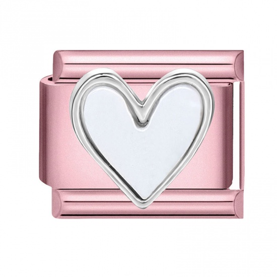 Picture of 1 Piece 304 Stainless Steel Valentine's Day Italian Charm Links For DIY Modular Bracelet Watch Jewelry Making Wholesale Pink Rectangle Heart 10mm x 9mm