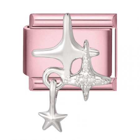 Picture of 1 Piece 304 Stainless Steel Stylish Italian Charm Links For DIY Modular Bracelet Watch Jewelry Making Wholesale Pink Rectangle Star 10mm x 9mm