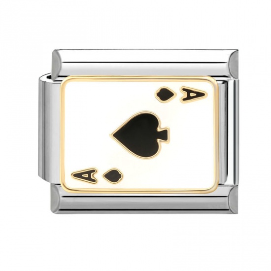 Picture of 1 Piece 304 Stainless Steel Stylish Italian Charm Links For DIY Bracelet Jewelry Making Wholesale Silver Tone White Rectangle Poker 10mm x 9mm