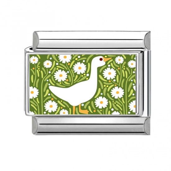 Picture of 1 Piece 304 Stainless Steel Stylish Italian Charm Links For DIY Bracelet Jewelry Making Wholesale Silver Tone White Rectangle Duck 10mm x 9mm