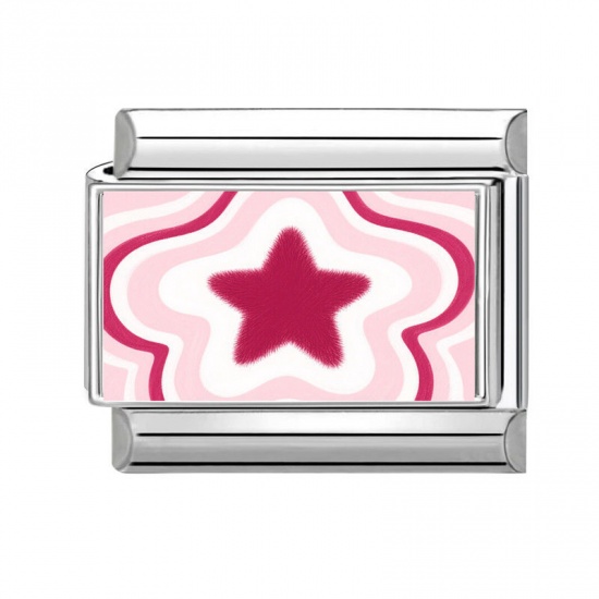 Picture of 1 Piece 304 Stainless Steel Stylish Italian Charm Links For DIY Bracelet Jewelry Making Wholesale Silver Tone Red Rectangle Pentagram Star 10mm x 9mm