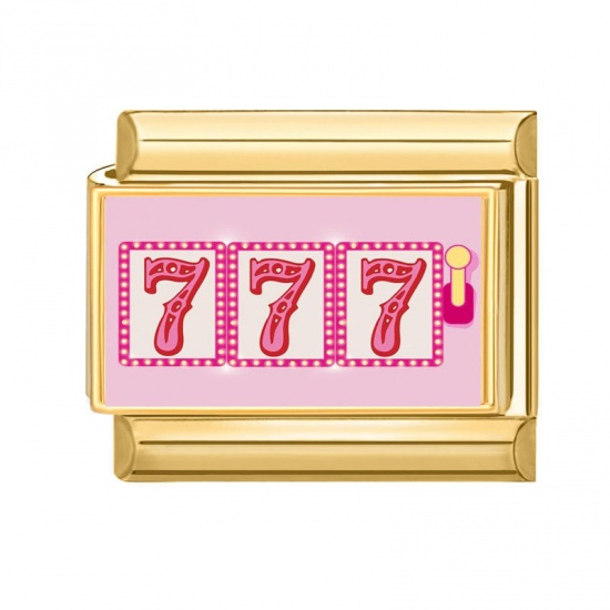 Picture of 1 Piece 304 Stainless Steel Stylish Italian Charm Links For DIY Bracelet Jewelry Making Wholesale Gold Plated Pink Rectangle Message " 777 " 10mm x 9mm