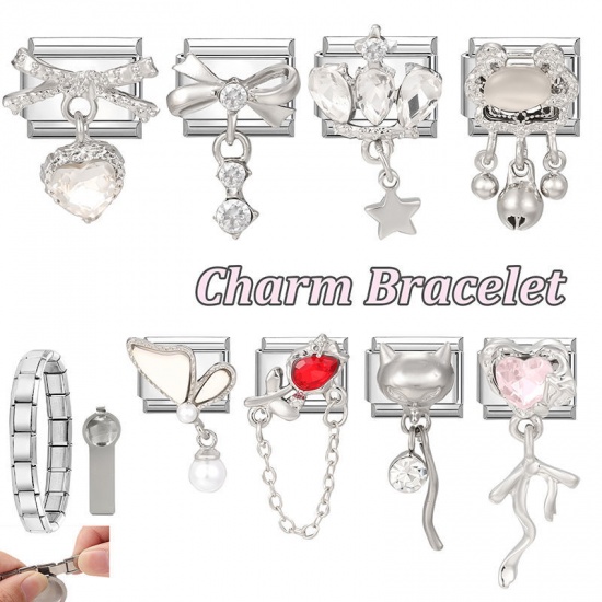 Picture of 1 Piece 304 Stainless Steel Valentine's Day Italian Charm Links For DIY Modular Bracelet Watch Jewelry Making Wholesale Silver Tone Heart 10mm x 9mm
