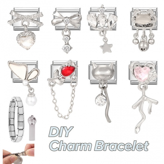 Picture of 1 Piece 304 Stainless Steel Valentine's Day Italian Charm Links For DIY Modular Bracelet Watch Jewelry Making Wholesale Silver Tone Heart 10mm x 9mm