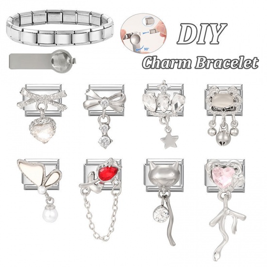 Picture of 1 Piece 304 Stainless Steel Valentine's Day Italian Charm Links For DIY Modular Bracelet Watch Jewelry Making Wholesale Silver Tone Heart 10mm x 9mm
