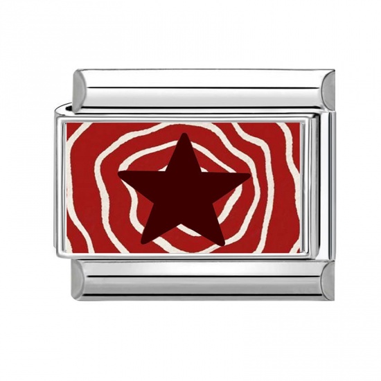 Picture of 1 Piece 304 Stainless Steel Stylish Italian Charm Links For DIY Bracelet Jewelry Making Wholesale Silver Tone Red Rectangle Pentagram Star 10mm x 9mm