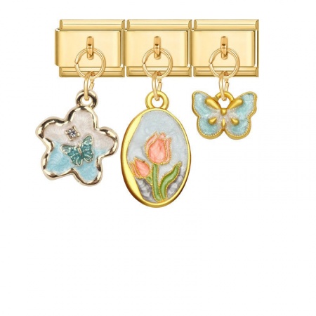 Picture of 1 Set ( 3 PCs/Set) 304 Stainless Steel & Zinc Based Alloy Stylish Italian Charm Links For DIY Modular Bracelet Watch Jewelry Making Wholesale Gold Plated Multicolor Butterfly Animal Detachable 10mm x 9mm