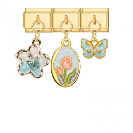 Picture of 1 Set ( 3 PCs/Set) 304 Stainless Steel & Zinc Based Alloy Stylish Italian Charm Links For DIY Modular Bracelet Watch Jewelry Making Wholesale Gold Plated Multicolor Butterfly Animal Detachable 10mm x 9mm