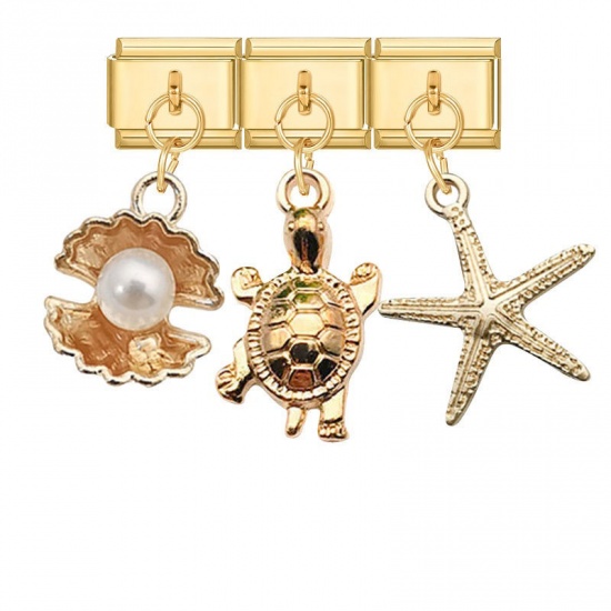 Picture of 1 Set ( 3 PCs/Set) 304 Stainless Steel & Zinc Based Alloy Stylish Italian Charm Links For DIY Modular Bracelet Watch Jewelry Making Wholesale Gold Plated Starfish Detachable 10mm x 9mm