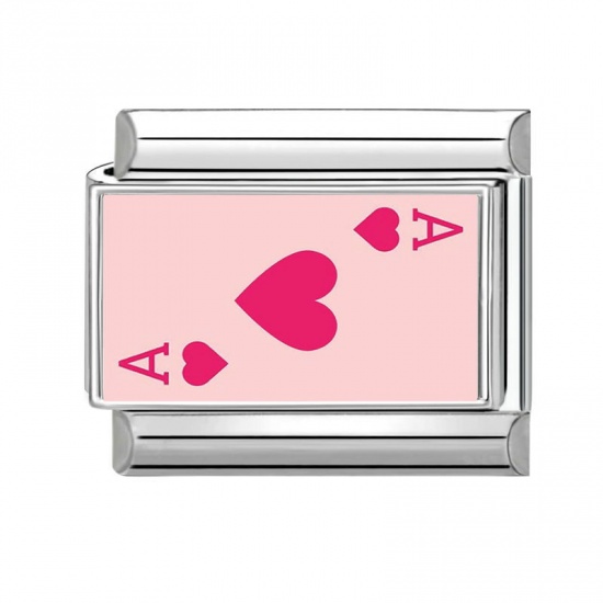 Picture of 1 Piece 304 Stainless Steel Stylish Italian Charm Links For DIY Bracelet Jewelry Making Wholesale Silver Tone Pink Rectangle Poker 10mm x 9mm