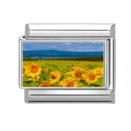 Picture of 1 Piece 304 Stainless Steel Stylish Italian Charm Links For DIY Bracelet Jewelry Making Wholesale Silver Tone Yellow Rectangle Sunflower 10mm x 9mm