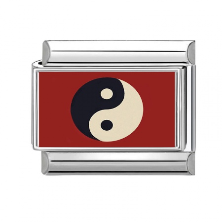 Picture of 1 Piece 304 Stainless Steel Stylish Italian Charm Links For DIY Bracelet Jewelry Making Wholesale Silver Tone Red Rectangle Yin Yang Symbol 10mm x 9mm