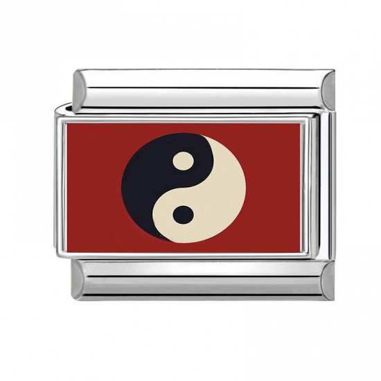 Picture of 1 Piece 304 Stainless Steel Stylish Italian Charm Links For DIY Bracelet Jewelry Making Wholesale Silver Tone Red Rectangle Yin Yang Symbol 10mm x 9mm
