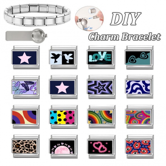 Picture of 1 Piece 304 Stainless Steel Stylish Italian Charm Links For DIY Bracelet Jewelry Making Wholesale Silver Tone Black Rectangle Zebra Stripe 10mm x 9mm