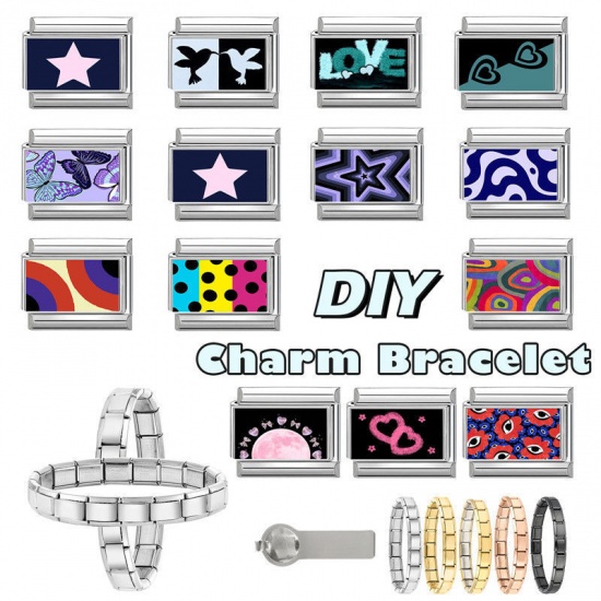 Picture of 1 Piece 304 Stainless Steel Stylish Italian Charm Links For DIY Bracelet Jewelry Making Wholesale Silver Tone Black Rectangle Zebra Stripe 10mm x 9mm