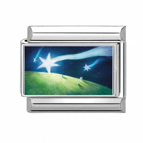 Picture of 1 Piece 304 Stainless Steel Stylish Italian Charm Links For DIY Bracelet Jewelry Making Wholesale Silver Tone Multicolor Rectangle Star 10mm x 9mm