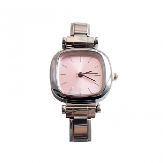 Picture of 1 Piece 304 Stainless Steel Stylish Italian Charm Links Watch Face For DIY Jewelry Making Wholesale Silver Tone Pink Square 3.5cm