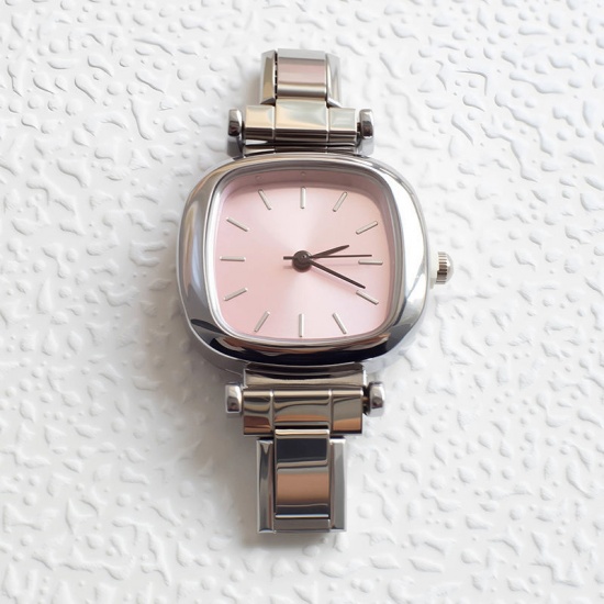 Picture of 1 Piece 304 Stainless Steel Stylish Italian Charm Links Watch Face For DIY Jewelry Making Wholesale Silver Tone Pink Square 3.5cm