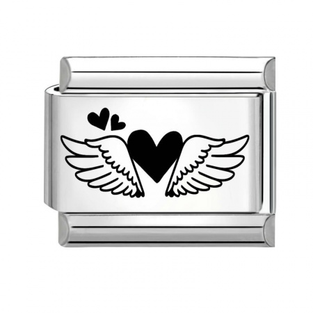 Picture of 1 Piece 304 Stainless Steel Stylish Italian Charm Links For DIY Bracelet Jewelry Making Wholesale Silver Tone Black Rectangle Wing 10mm x 9mm
