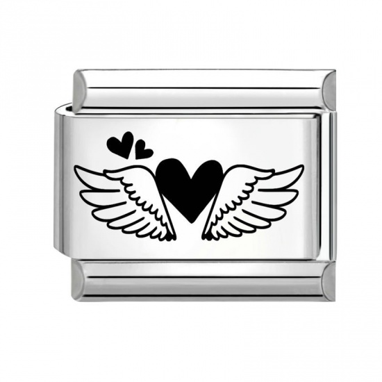 Picture of 1 Piece 304 Stainless Steel Stylish Italian Charm Links For DIY Bracelet Jewelry Making Wholesale Silver Tone Black Rectangle Wing 10mm x 9mm