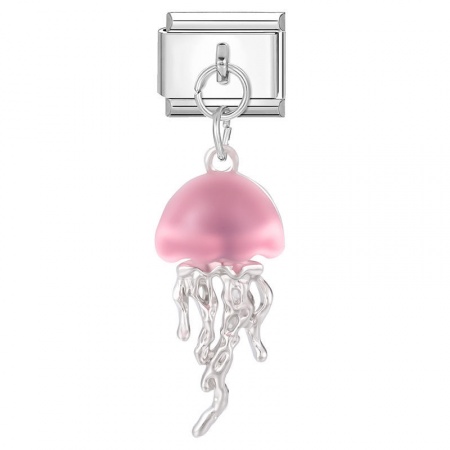 Picture of 1 Piece 304 Stainless Steel Stylish Italian Charm Links For DIY Bracelet Jewelry Making Wholesale Silver Tone Pink Jellyfish 10mm x 9mm
