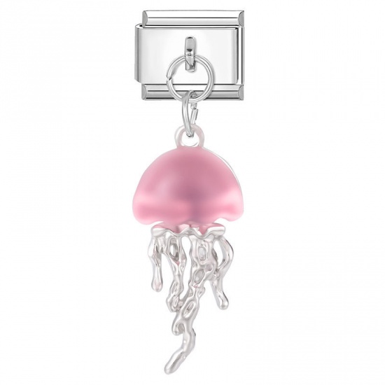 Picture of 1 Piece 304 Stainless Steel Stylish Italian Charm Links For DIY Bracelet Jewelry Making Wholesale Silver Tone Pink Jellyfish 10mm x 9mm