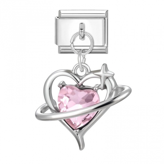 Picture of 1 Piece 304 Stainless Steel Valentine's Day Italian Charm Links For DIY Bracelet Jewelry Making Wholesale Silver Tone Heart Pink Rhinestone 10mm x 9mm