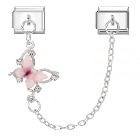 Picture of 1 Piece 304 Stainless Steel Stylish Italian Charm Links For DIY Bracelet Jewelry Making Wholesale Silver Tone Pink Butterfly Animal 10mm x 9mm