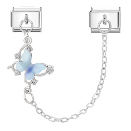 Picture of 1 Piece 304 Stainless Steel Stylish Italian Charm Links For DIY Bracelet Jewelry Making Wholesale Silver Tone Light Blue Butterfly Animal 10mm x 9mm