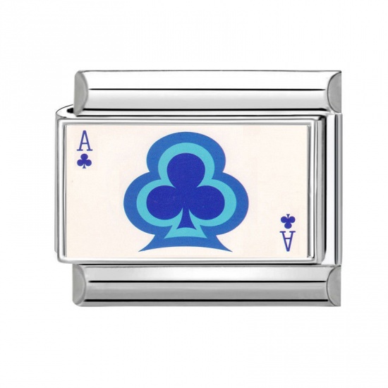 Picture of 1 Piece 304 Stainless Steel Stylish Italian Charm Links For DIY Bracelet Jewelry Making Wholesale Silver Tone Blue Rectangle Poker 10mm x 9mm