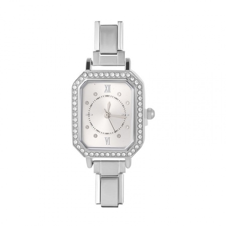 Picture of 1 Piece 304 Stainless Steel Stylish Italian Charm Links Watch Face For DIY Jewelry Making Wholesale Silver Tone White Octagon Clear Rhinestone 5.7cm x 2.7cm