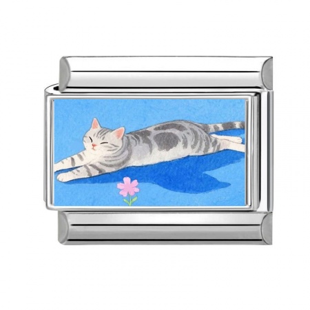 Picture of 1 Piece 304 Stainless Steel Stylish Italian Charm Links For DIY Bracelet Jewelry Making Wholesale Silver Tone Gray Rectangle Cat 10mm x 9mm