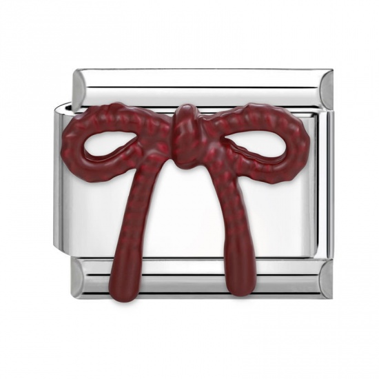 Immagine di 1 Pz 304 Acciaio Inossidabile Elegante Bracciale con Charm Italiano a Maglie, Creazione di Gioielli Fai-da-te All'Ingrosso Tono Argento Rosso Scuro Rettangolo Cravatta a Farfalla 10mm x 9mm