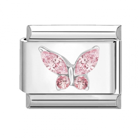 Picture of 1 Piece 304 Stainless Steel Stylish Italian Charm Links For DIY Modular Bracelet Watch Jewelry Making Wholesale Silver Tone Rectangle Butterfly Pink Rhinestone 10mm x 9mm