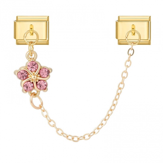 Picture of 1 Piece 304 Stainless Steel Stylish Italian Charm Links For DIY Bracelet Jewelry Making Wholesale Gold Plated Flower Pink Rhinestone 10mm x 9mm