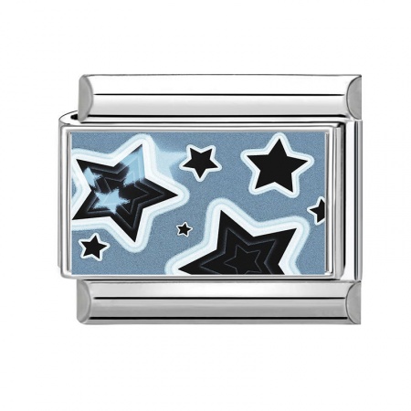 Picture of 1 Piece 304 Stainless Steel Stylish Italian Charm Links For DIY Bracelet Jewelry Making Wholesale Silver Tone Black Rectangle Pentagram Star 10mm x 9mm