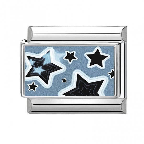 Picture of 1 Piece 304 Stainless Steel Stylish Italian Charm Links For DIY Bracelet Jewelry Making Wholesale Silver Tone Black Rectangle Pentagram Star 10mm x 9mm