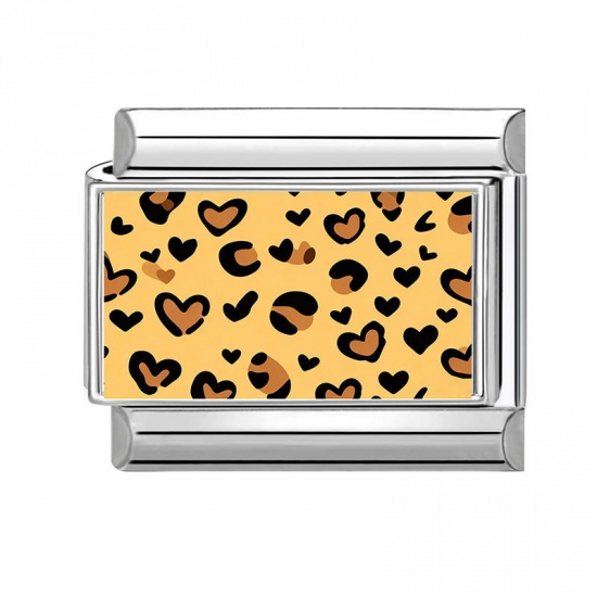 Picture of 1 Piece 304 Stainless Steel Valentine's Day Italian Charm Links For DIY Bracelet Jewelry Making Wholesale Silver Tone Yellow Rectangle Heart 10mm x 9mm