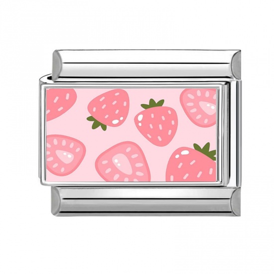 Picture of 1 Piece 304 Stainless Steel Stylish Italian Charm Links For DIY Bracelet Jewelry Making Wholesale Silver Tone Pink Rectangle Strawberry Fruit 10mm x 9mm
