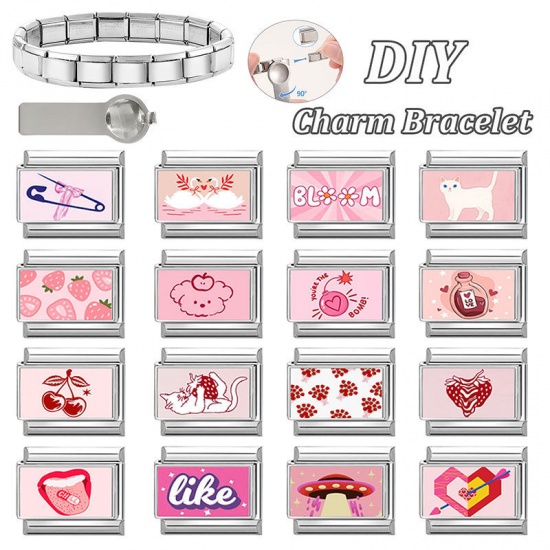 Picture of 1 Piece 304 Stainless Steel Stylish Italian Charm Links For DIY Bracelet Jewelry Making Wholesale Silver Tone Pink Rectangle Strawberry Fruit 10mm x 9mm