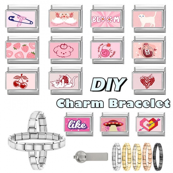 Picture of 1 Piece 304 Stainless Steel Stylish Italian Charm Links For DIY Bracelet Jewelry Making Wholesale Silver Tone Pink Rectangle Strawberry Fruit 10mm x 9mm