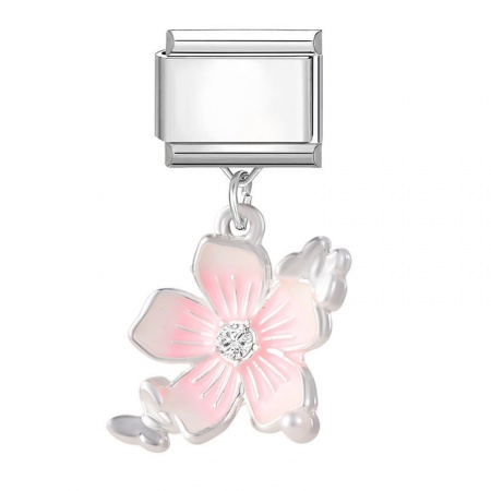 Picture of 1 Piece 304 Stainless Steel Stylish Italian Charm Links For DIY Bracelet Jewelry Making Wholesale Silver Tone Pink Flower 10mm x 9mm