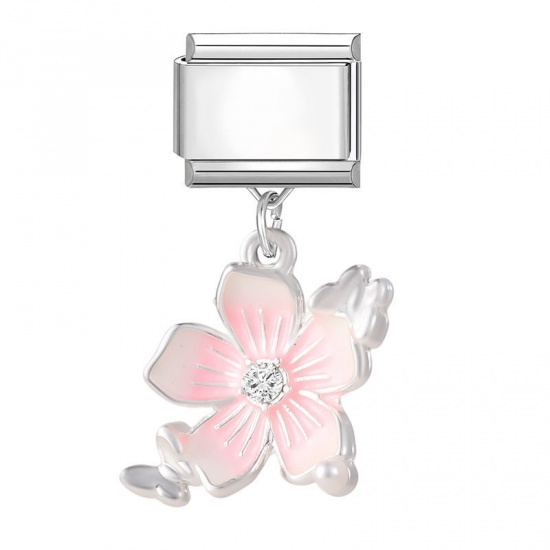 Picture of 1 Piece 304 Stainless Steel Stylish Italian Charm Links For DIY Bracelet Jewelry Making Wholesale Silver Tone Pink Flower 10mm x 9mm