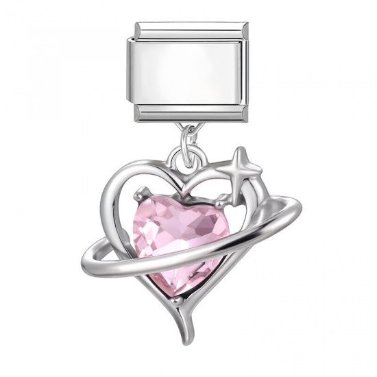 Picture of 1 Piece 304 Stainless Steel Valentine's Day Italian Charm Links For DIY Bracelet Jewelry Making Wholesale Silver Tone Heart Pink Rhinestone 10mm x 9mm