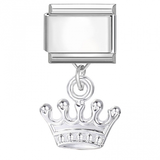 Picture of 1 Piece 304 Stainless Steel Stylish Italian Charm Links For DIY Bracelet Jewelry Making Wholesale Silver Tone Crown 10mm x 9mm