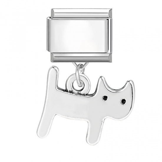 Picture of 1 Piece 304 Stainless Steel Stylish Italian Charm Links For DIY Bracelet Jewelry Making Wholesale Silver Tone Cat Animal 10mm x 9mm