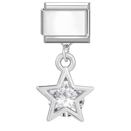 Picture of 1 Piece 304 Stainless Steel Stylish Italian Charm Links For DIY Bracelet Jewelry Making Wholesale Silver Tone Pentagram Star Clear Rhinestone 10mm x 9mm