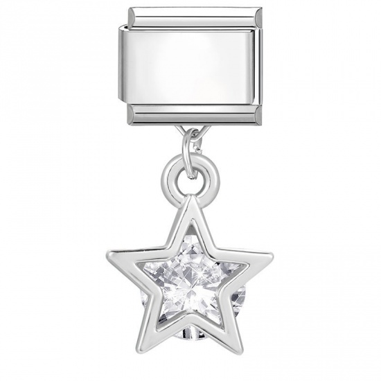 Picture of 1 Piece 304 Stainless Steel Stylish Italian Charm Links For DIY Bracelet Jewelry Making Wholesale Silver Tone Pentagram Star Clear Rhinestone 10mm x 9mm